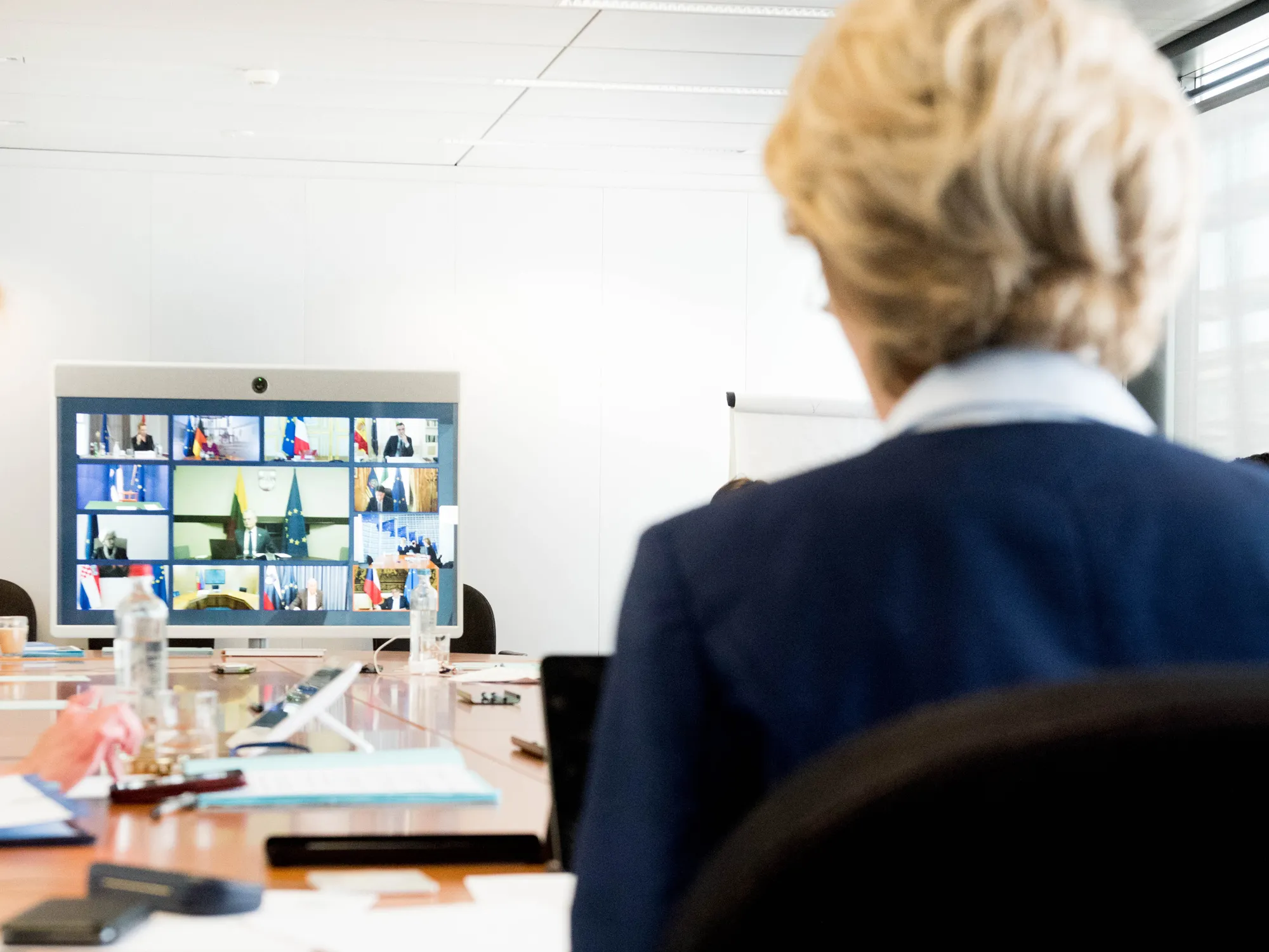 European Commission President Ursula von der Leyen speaks with EU leaders on April 23.
