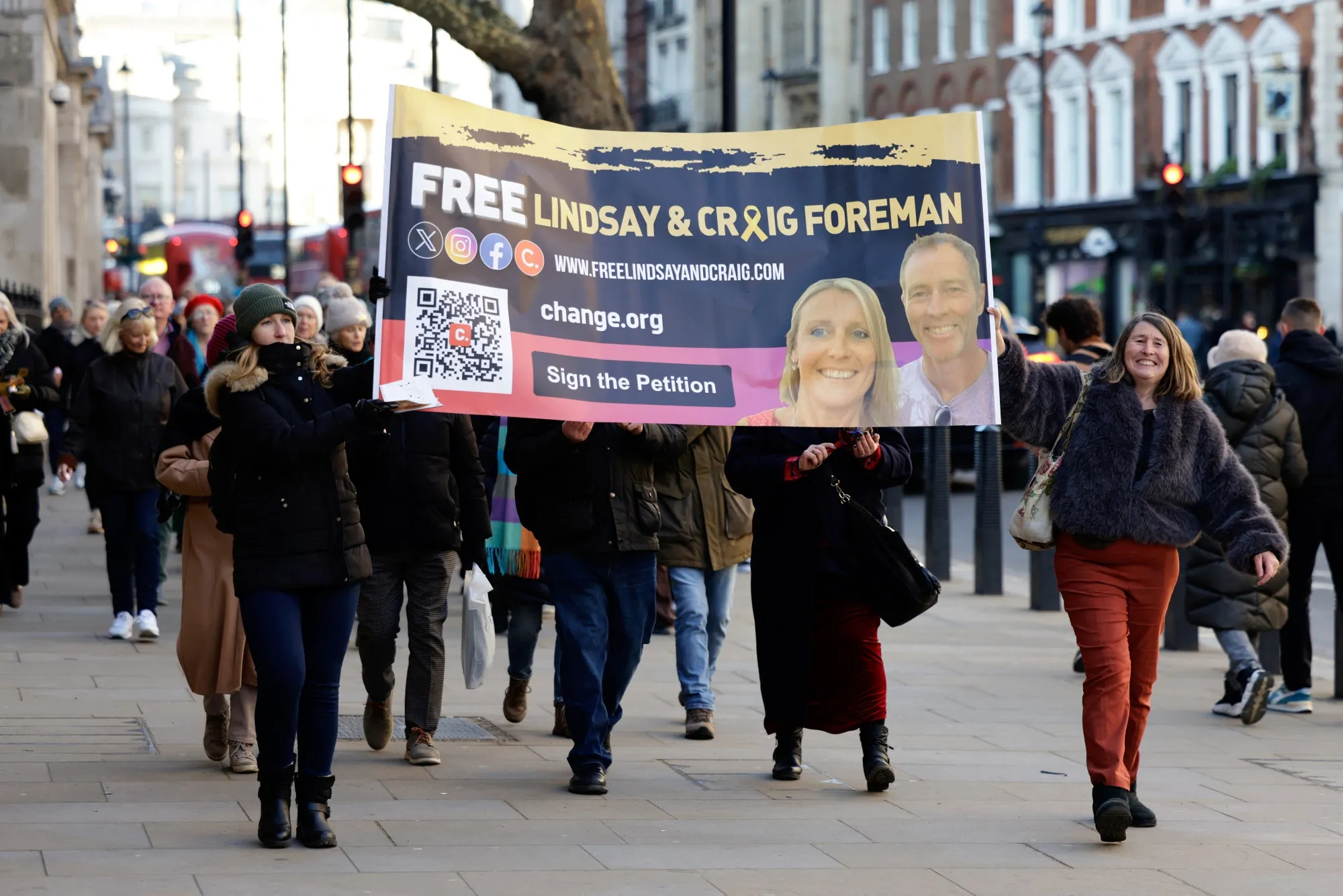 Family and supporters of Lindsay and Craig Foreman, a couple detained in Iran attend a Sing for Freedom, day of action in London on Jan.&nbsp;3, 2026.
