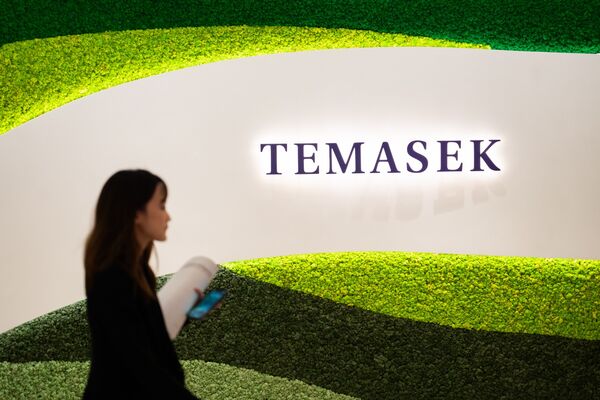 Temasek branding during a news conference in Singapore on July 9.