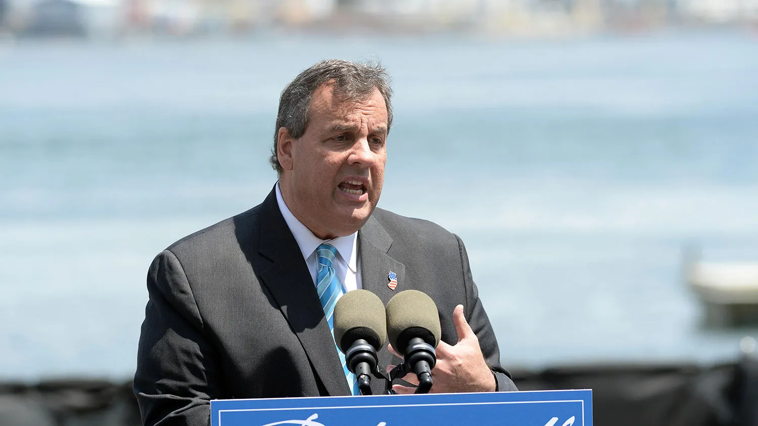 New Jersey Gov. Chris Christie gives a speech on foreign policy at Prescott Park May 18, 2015 in Portsmouth, New Hampshire.
