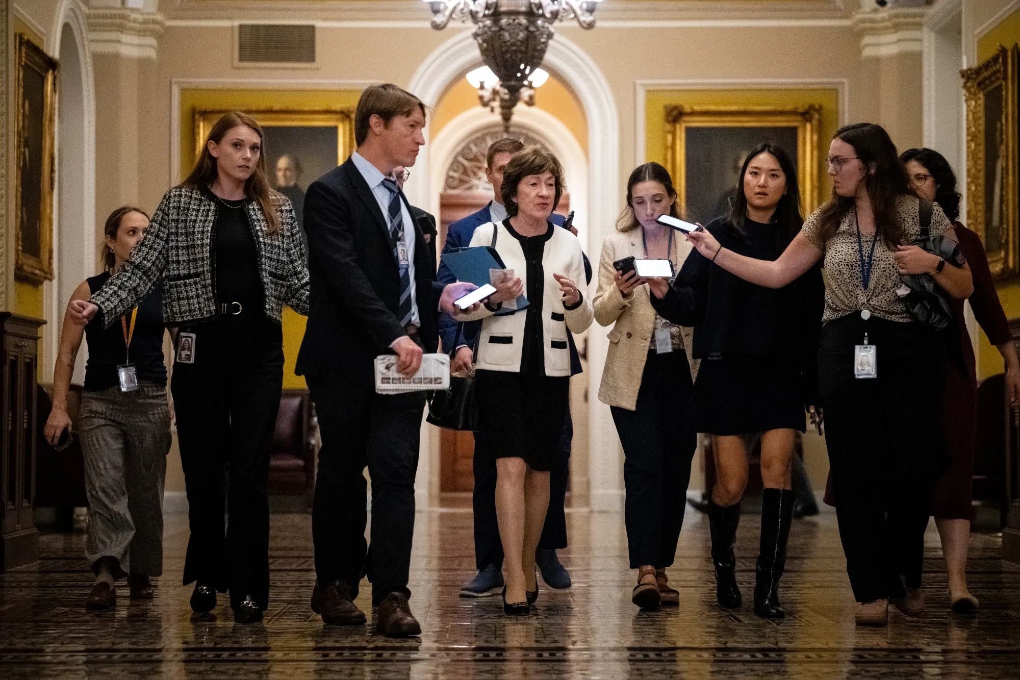 Senator Susan Collins, a Republican from Maine, center, at the US Capitol in Washington&nbsp;on Wednesday.