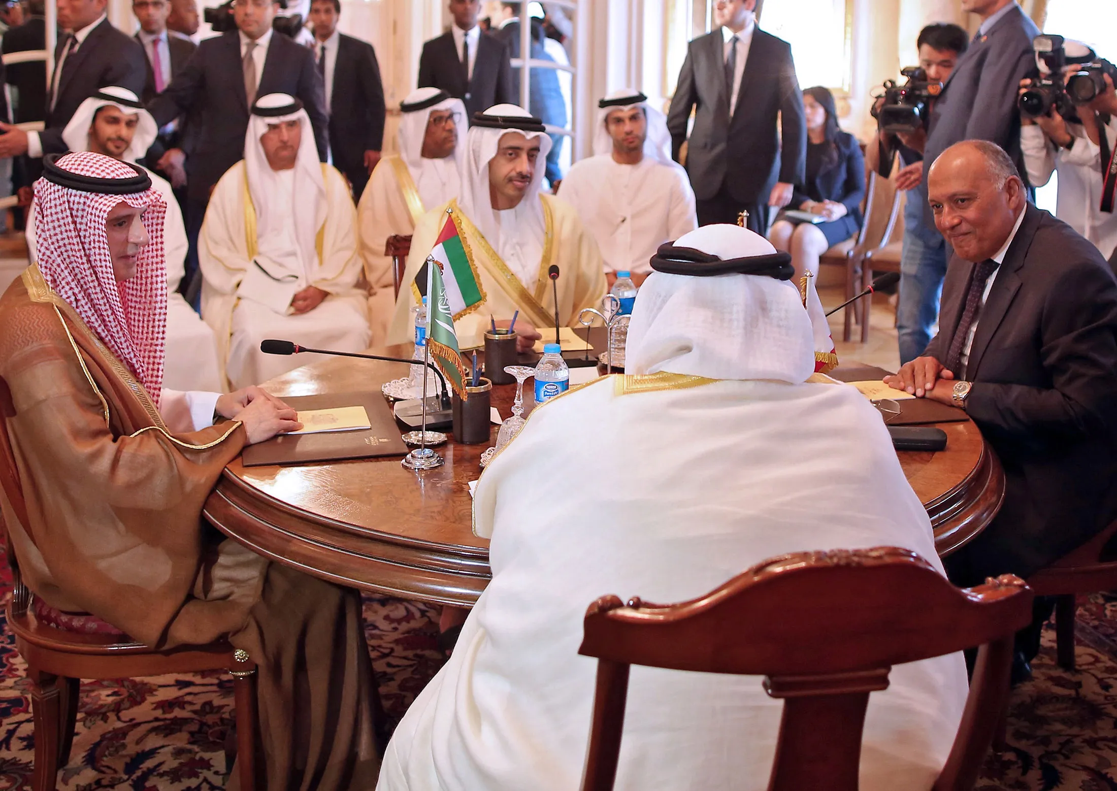 Saudi, Egyptian, and Bahraini foreign ministers meet to discuss the diplomatic crisis with Qatar in Cairo, Egypt, on July 5, 2017.

