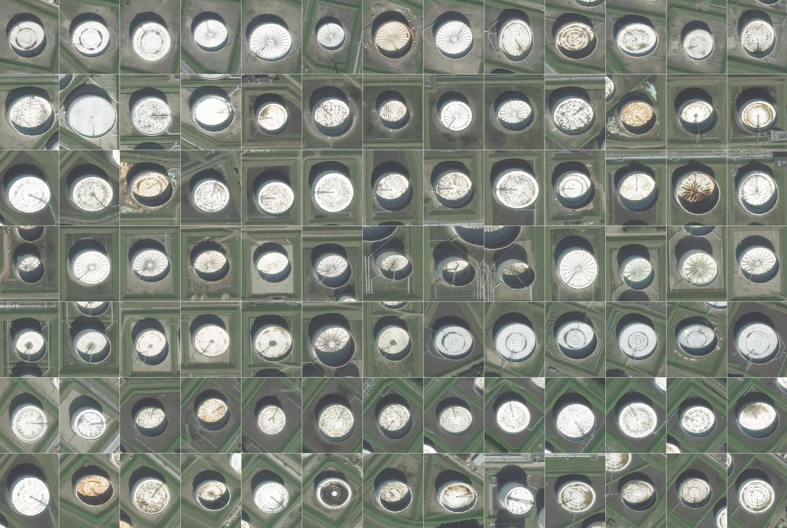 These images are a composite of oil storage facilities around the globe. Crude is stored in massive tanks whose capacity can be estimated from the shadows they cast. How much is stored can be gauged from the shadows on the interior lids, which move up and down based on the amount of oil in the tank.
