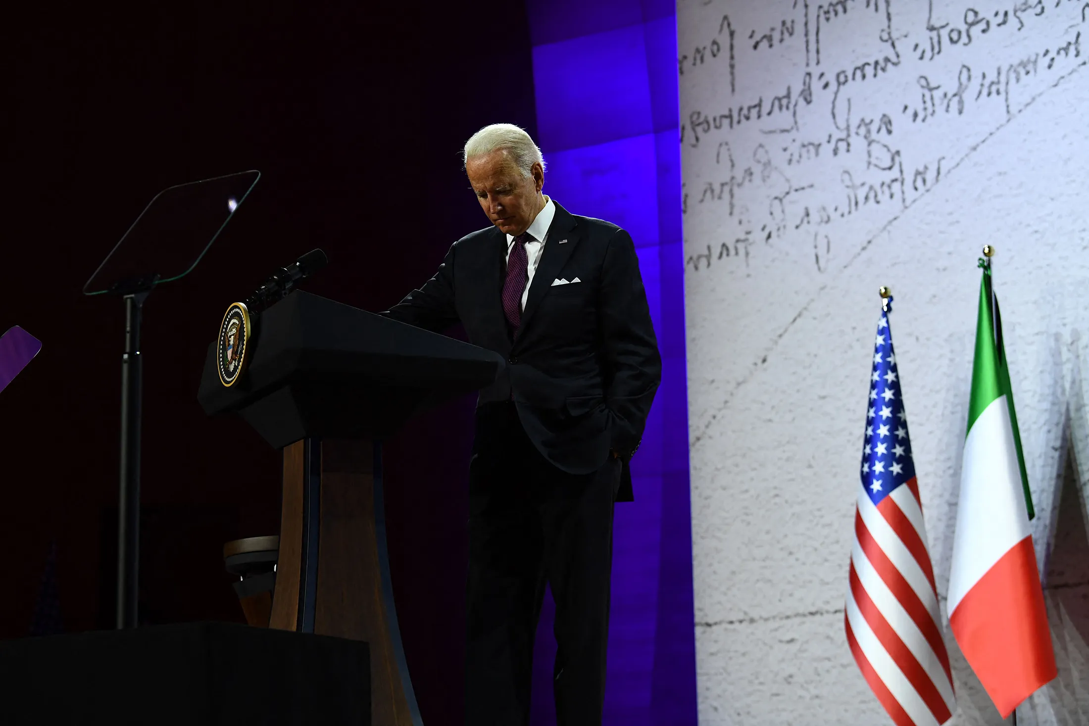 US President Joe Biden addresses a press conference during the G-20 of World Leaders Summit in Rome, Italy, on Oct. 31.