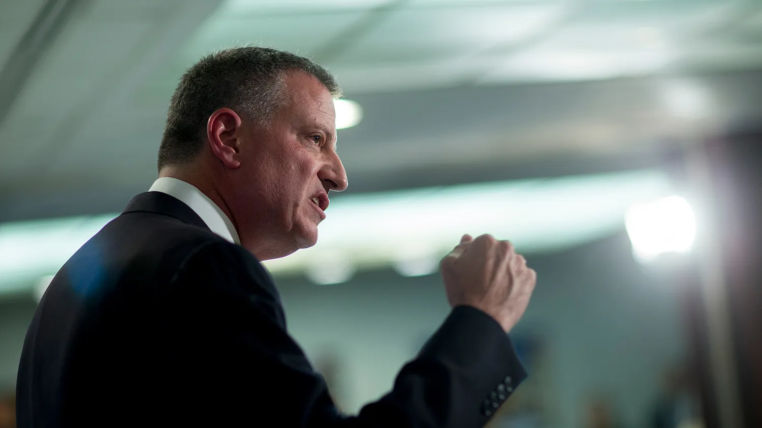 Bill de Blasio, mayor of New York, speaks during a Roosevelt Institute event at the National Press Club in Washington, D.C., U.S., on Tuesday, May 12, 2015.
