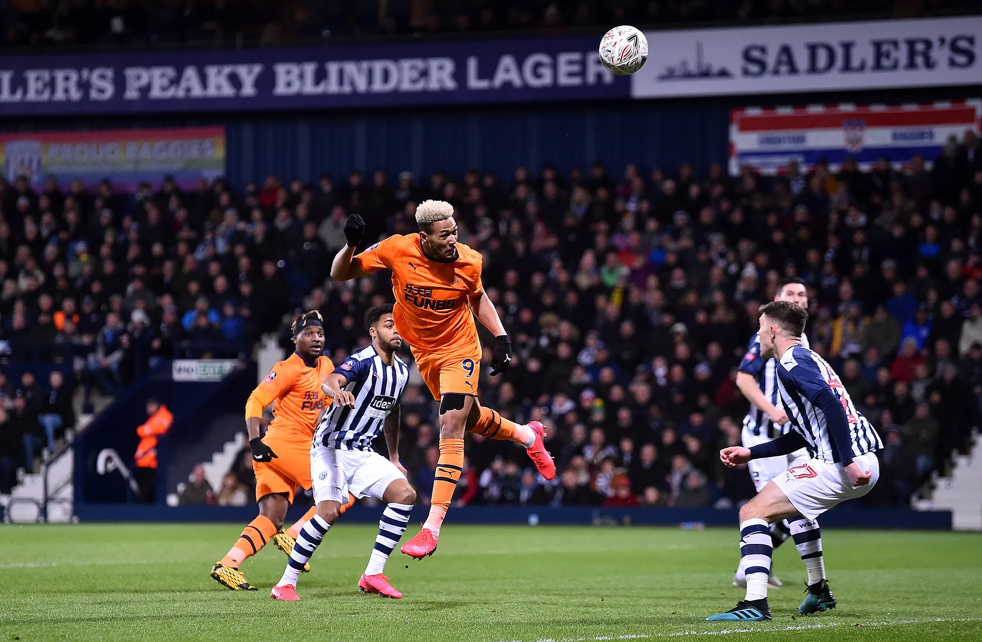 Joelinton of Newcastle United heads the ball during a match between West Bromwich Albion and Newcastle United&nbsp;on March 3.
