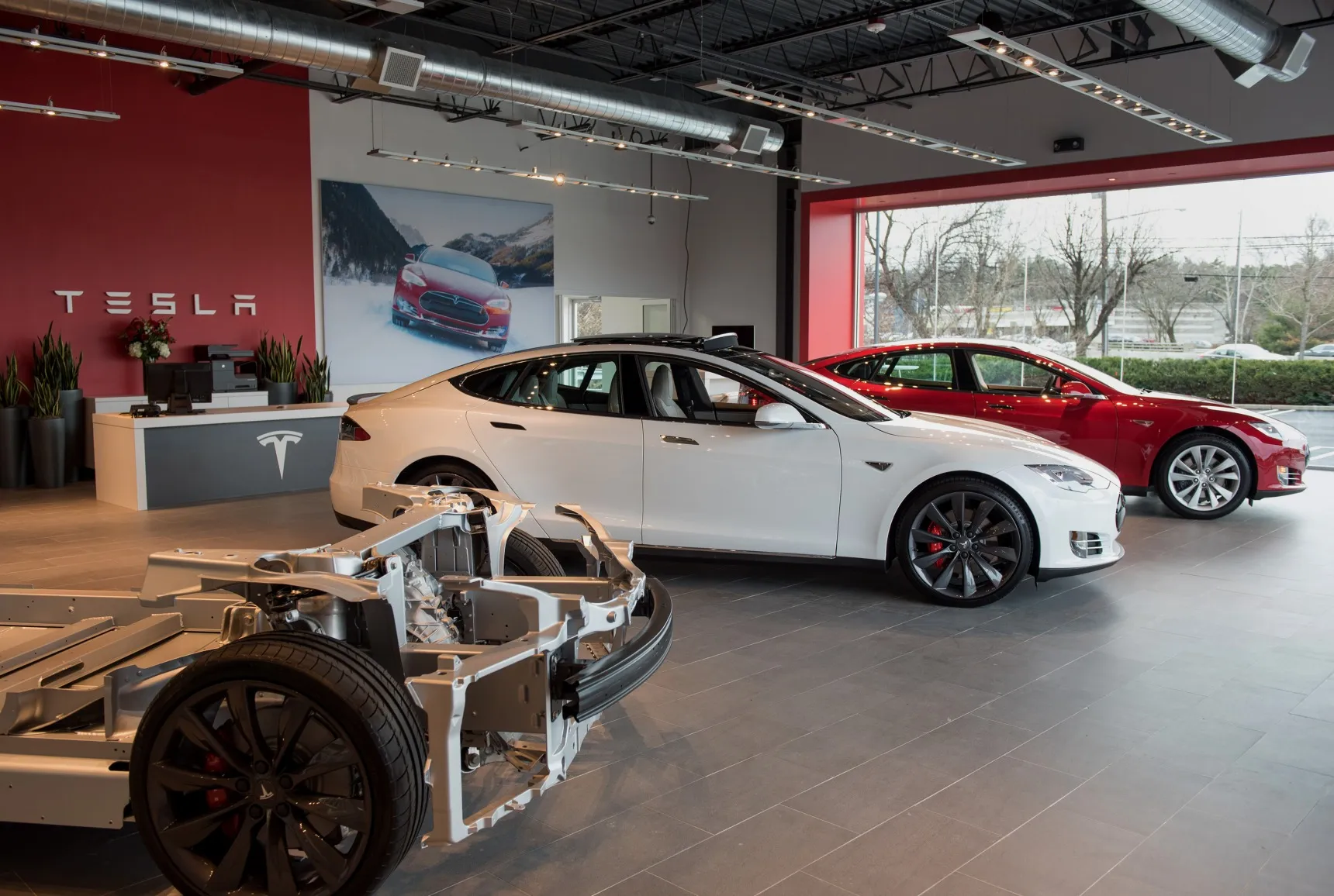 Teslas on display at a gallery and service center in Paramus, New Jersey.