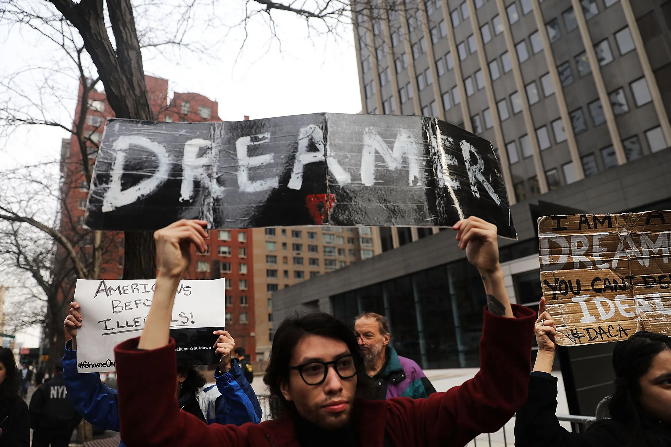 Demonstrators protest the government shutdown and the lack of a deal on DACA (Deferred Action for Childhood Arrivals) outside of Federal Plaza on January 22, 2018 in New York City.