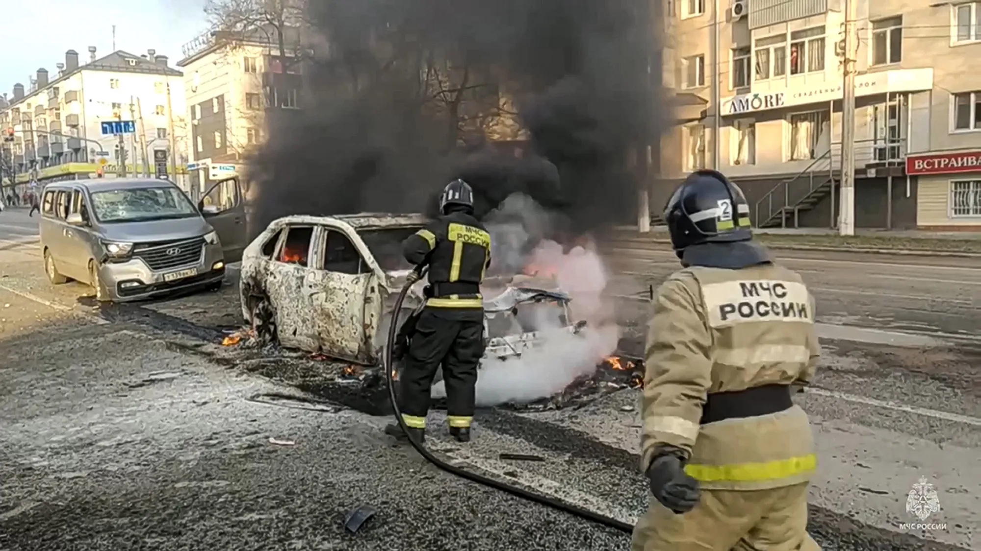 A still from a video released by Russia Emergency Situations Ministry telegram channel shows damage from strikes in Belgorod, on Dec. 30.&nbsp;