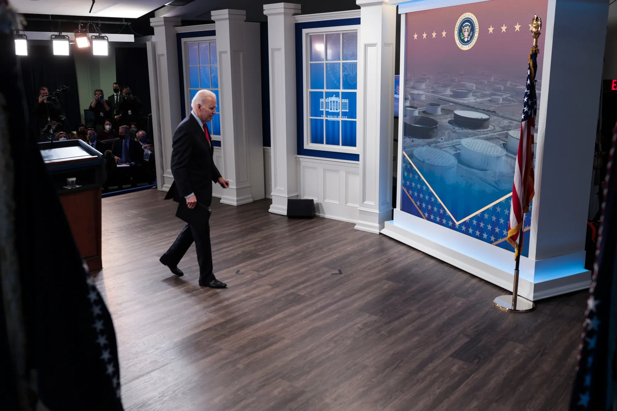 Joe Biden departs after speaking on the economy in the Eisenhower Executive Office Building in Washington, D.C., on Nov. 23.
