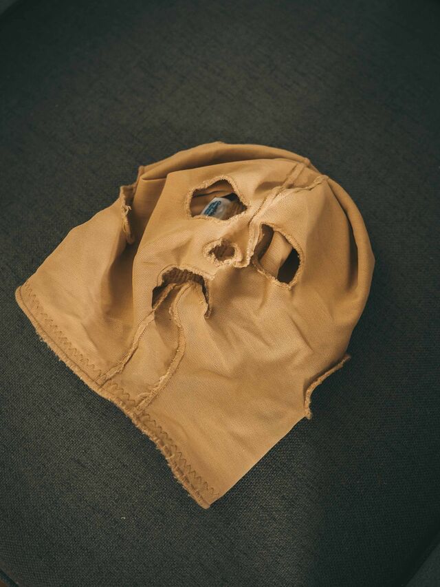 The mask Susmita Maddi wore home from the hospital after being treated for severe burns sustained while trapped in a burning Tesla.