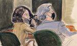 In this courtroom sketch, Ghislaine Maxwell, left, pulls down her mask to talk to one of her lawyers, Jeffrey Pagliuca, during Maxwell's sex trafficking trial, in New York, on Dec. 27.