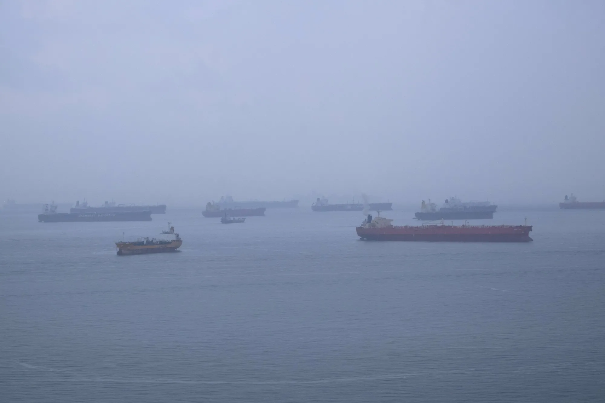 Ships and bulk carriers anchored offshore.