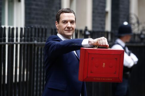 Chancellor of the Exchequer George Osborne holds the dispatch box as he exits 11 Downing Street in London, on July 8, 2015.