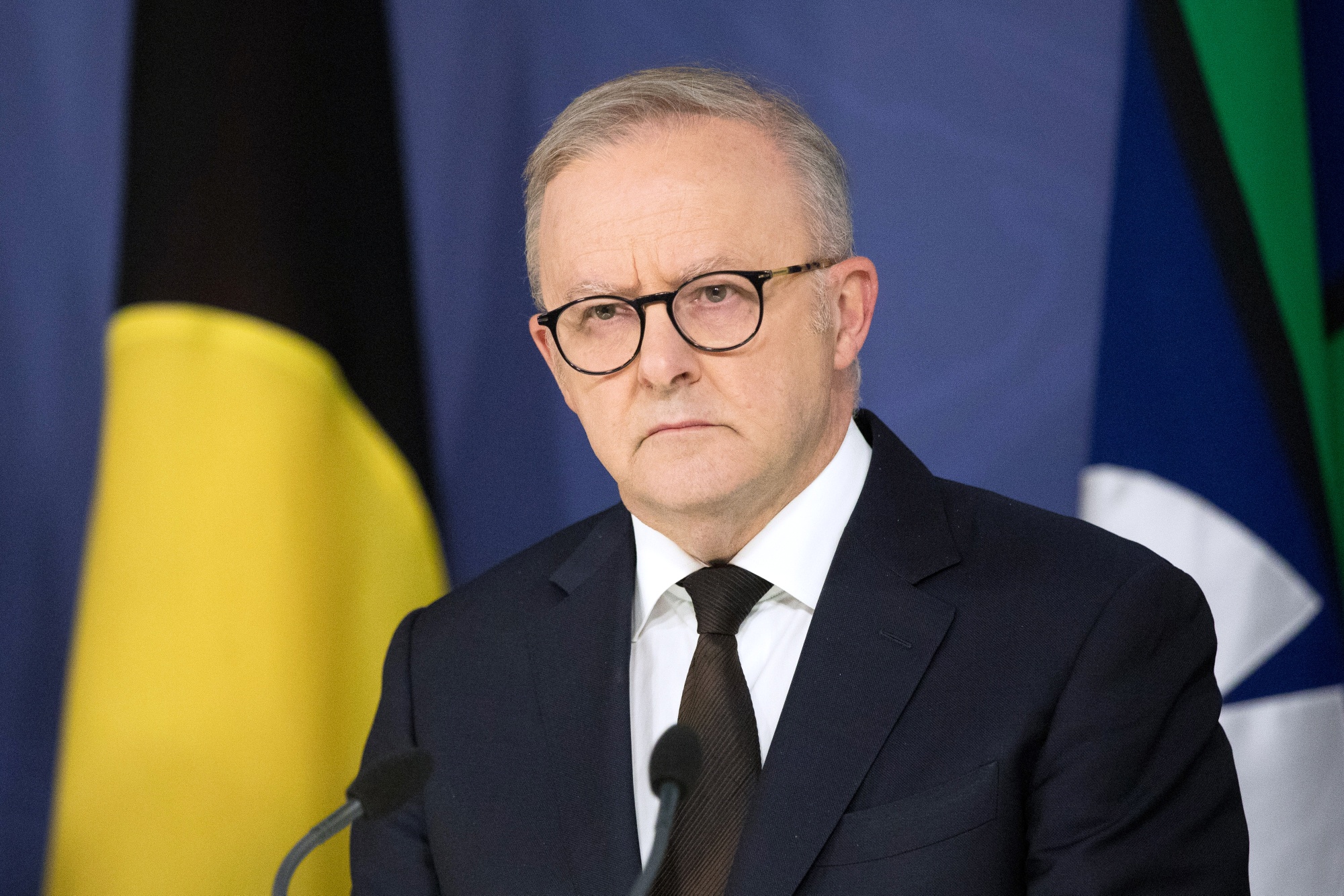 Anthony Albanese, Australia's prime minister, during a news conference in Sydney, Australia, on Monday, Dec. 15, 2025. Australia will consider toughening gun laws after a father and his son killed 15 people in the nation's deadliest terror attack, opening fire on members of the Jewish community who were celebrating the start of Hanukkah at Sydney's iconic Bondi Beach on Sunday evening. Photographer: Brent Lewin/Bloomberg