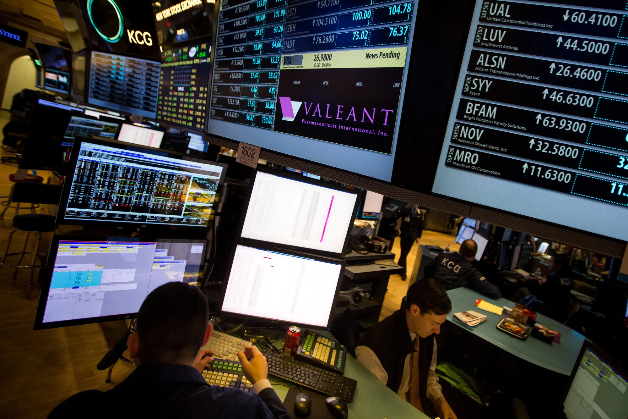 Valeant Pharmaceuticals International Inc. signage is displayed on a monitor on the floor of the New York Stock Exchange (NYSE) before the opening bell in New York, U.S., on Monday, March 21, 2016. Valeant Pharmaceuticals International Inc. shares were halted Monday morning in early trading, pending an announcement from the company, the New York Stock Exchange said.