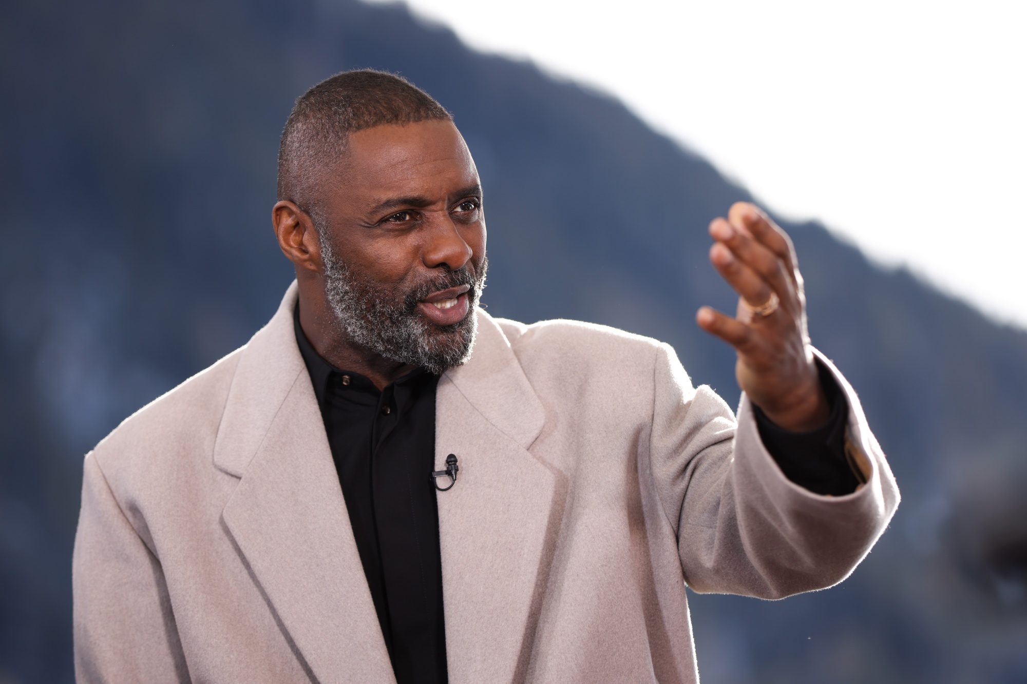 Idris Elba, actor, during a Bloomberg Television interview on the opening day of the World Economic Forum (WEF) in Davos, Switzerland, on Tuesday, Jan. 17, 2023. The annual Davos gathering of political leaders, top executives and celebrities runs from January 16 to 20. Photographer: Hollie Adams/Bloomberg