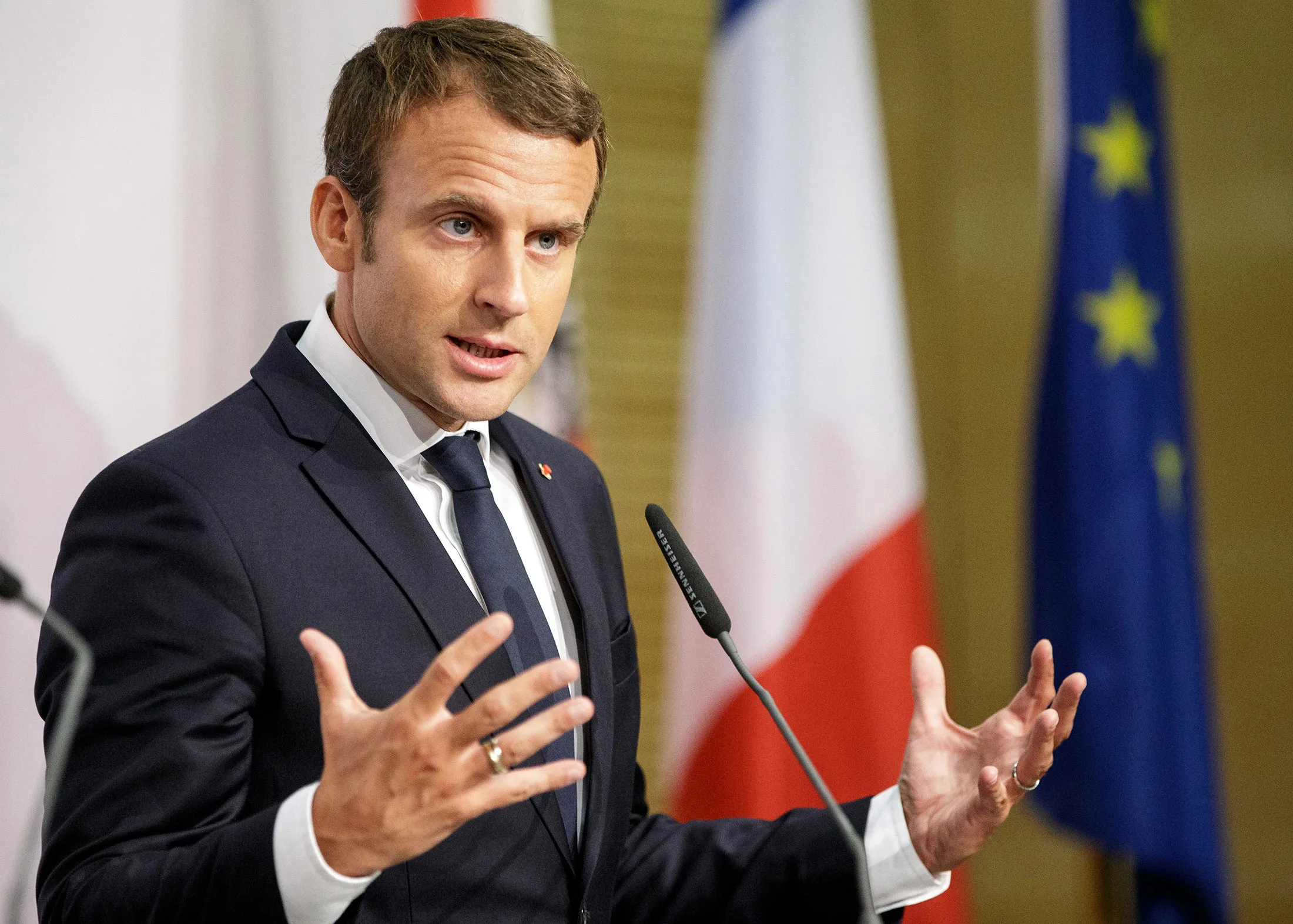 Emmanuel Macron, France's president, gestures as he speaks during a news conference in Salzburg, Austria, on Wednesday, Aug. 23, 2017.
