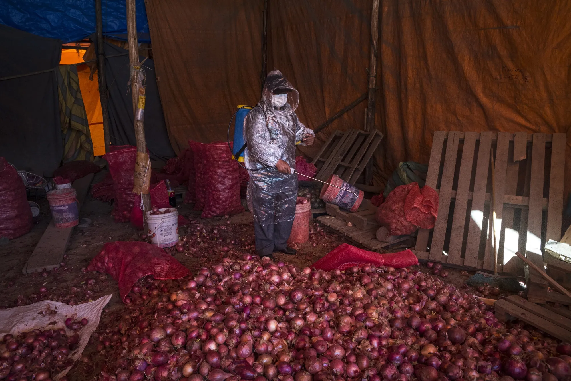A worker sprays disinfectant at a food market in El Alto, Bolivia, on April 28