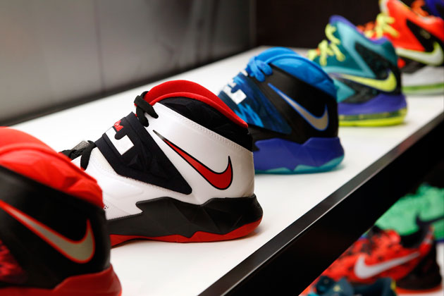 A colorful display of NIKE footwear at the Footlocker store in the