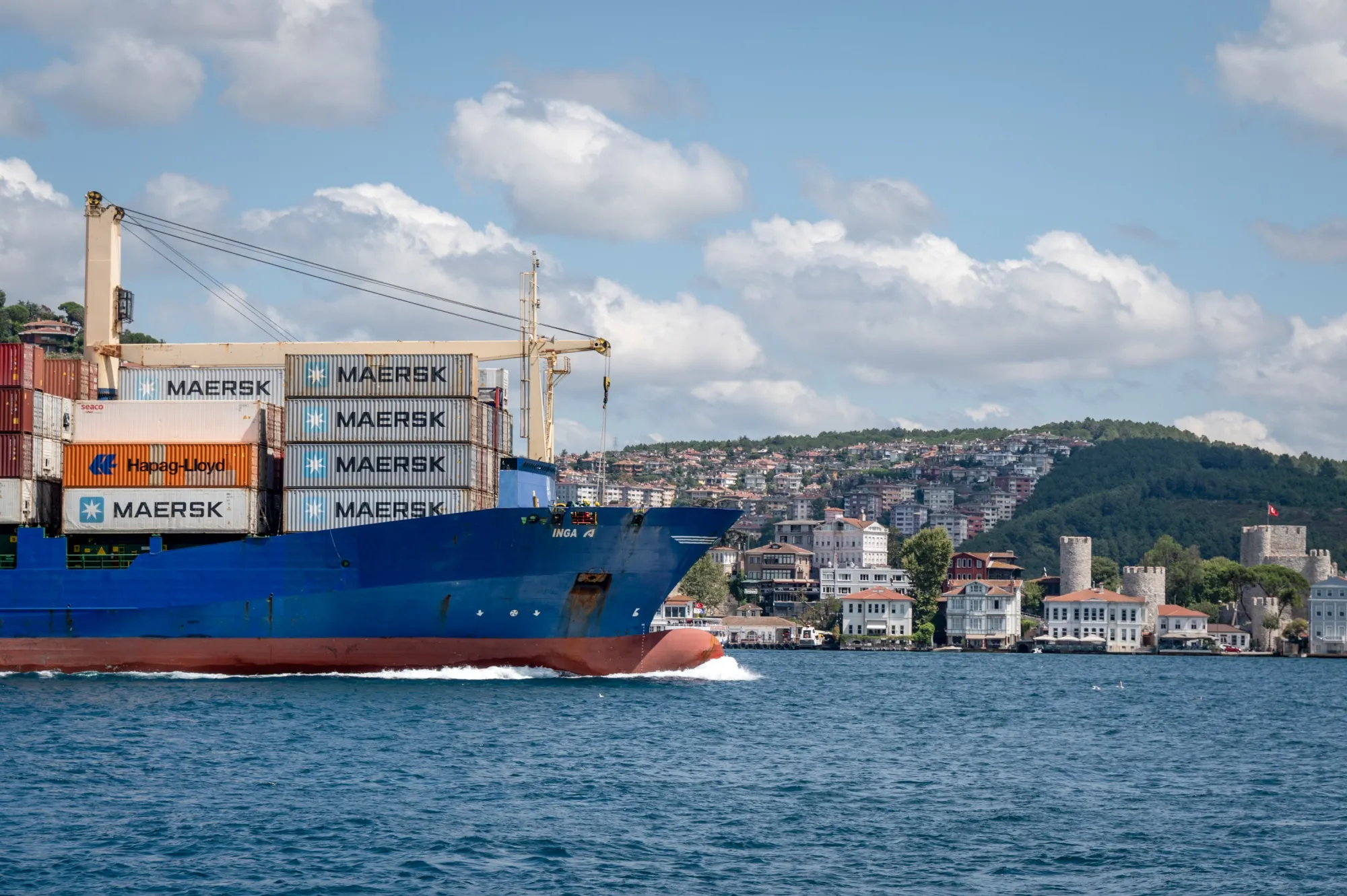 A container ship in the Bosporus Strait in Istanbul.