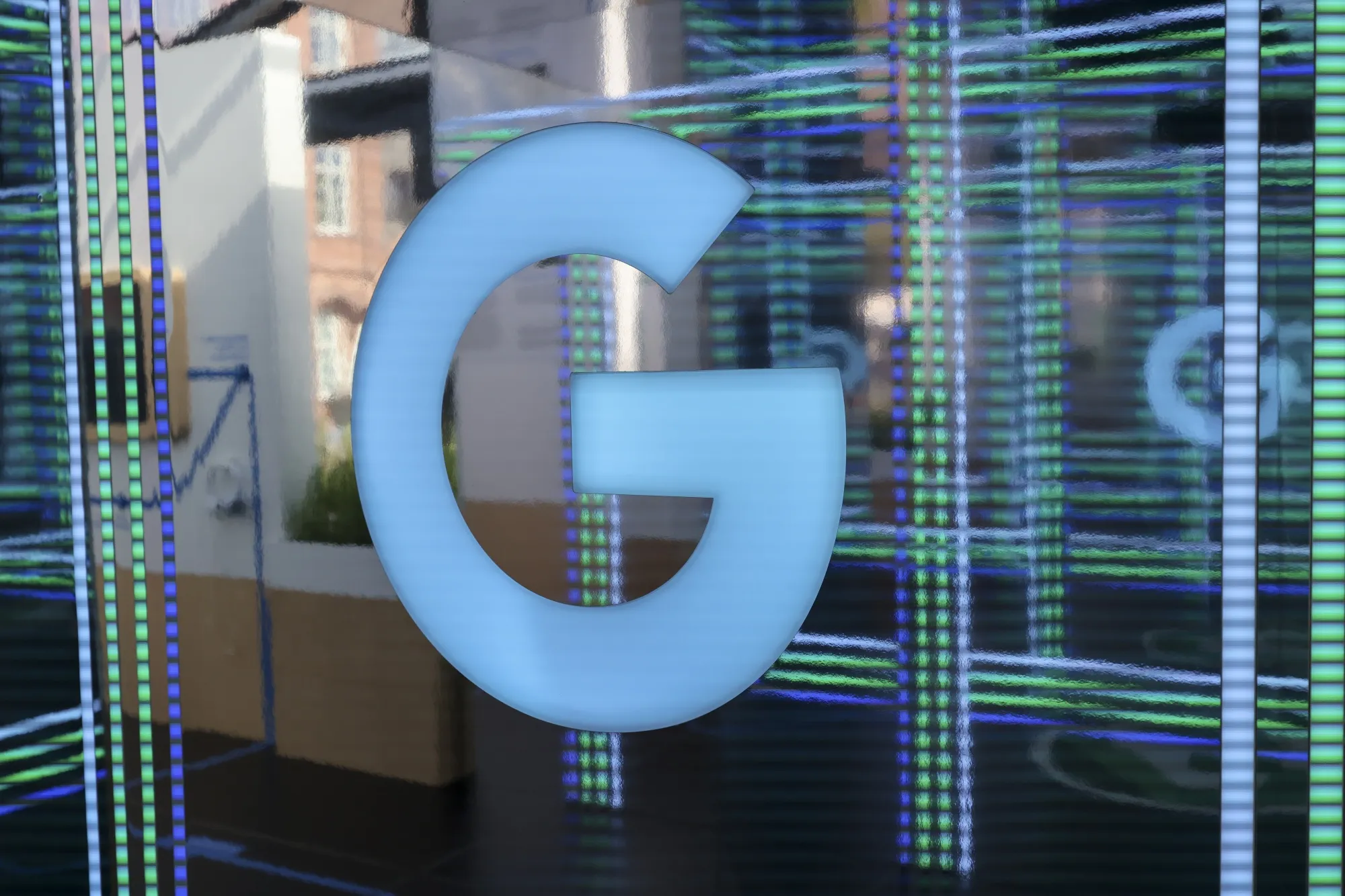 A Google logo at a data center exhibition&nbsp;in Hanau, Germany.