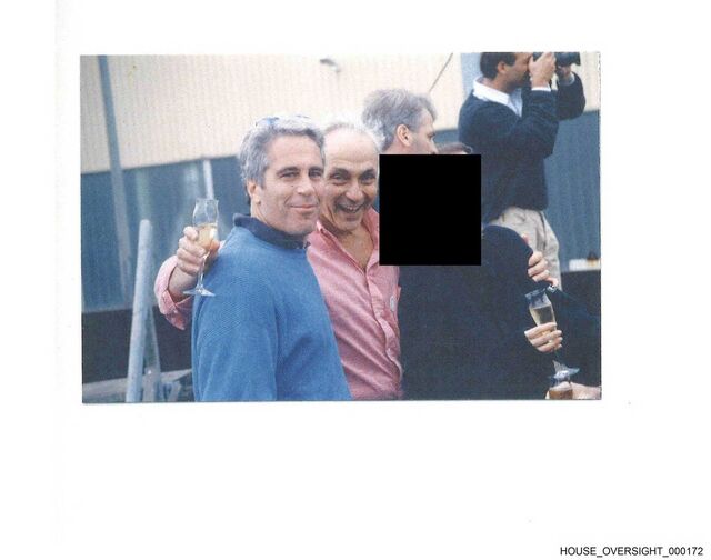 Page from the birthday book, released by the House Oversight Committee. A man who appears to be Les Wexner, center, puts his arms around Jeffrey Epstein, left, and a person whose face has been redacted at a social gathering