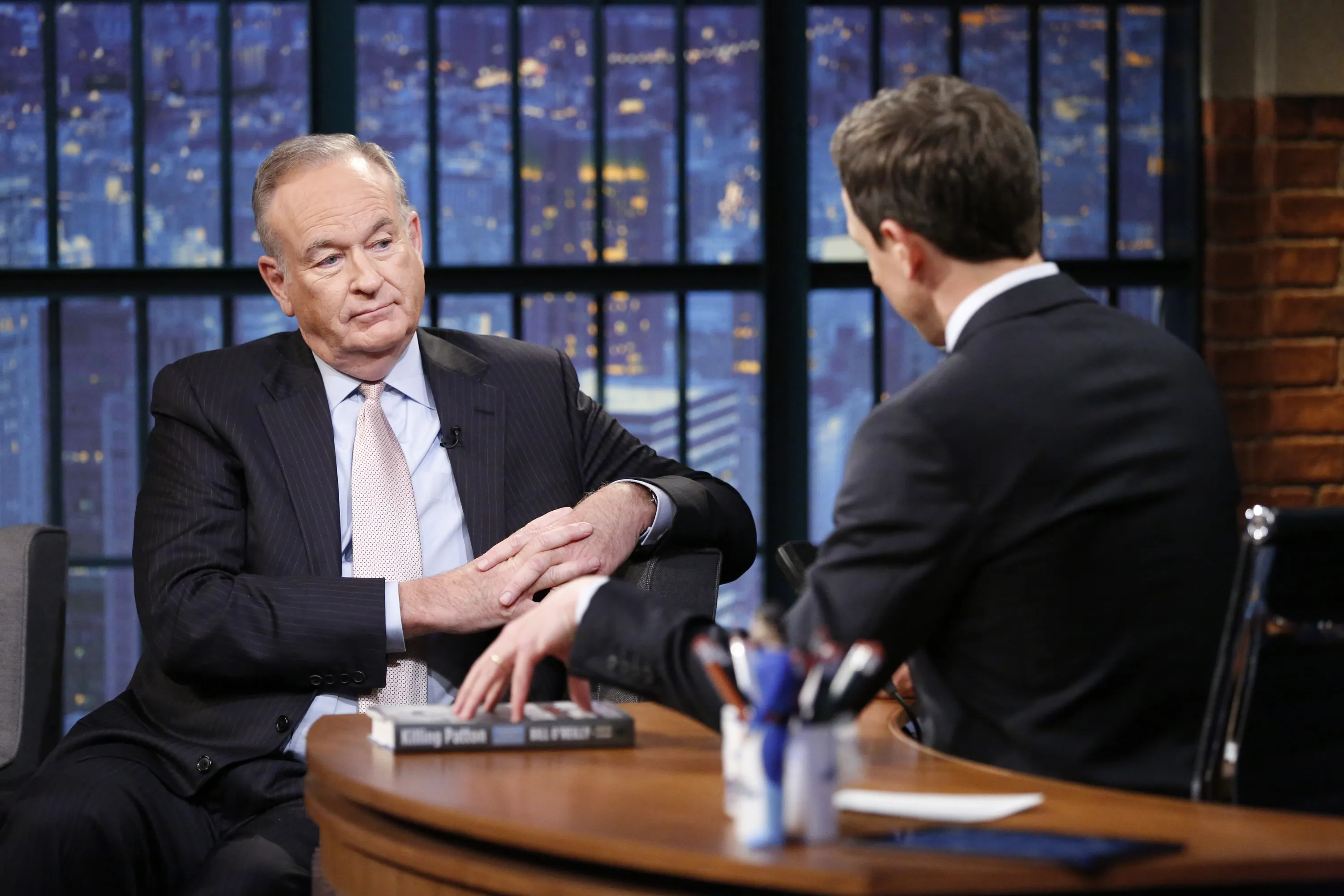 LATE NIGHT WITH SETH MEYERS -- Episode 0142-- Pictured: (l-r) Bill O'Reilly during an interview with host Seth Meyers on December 17, 2014 --
