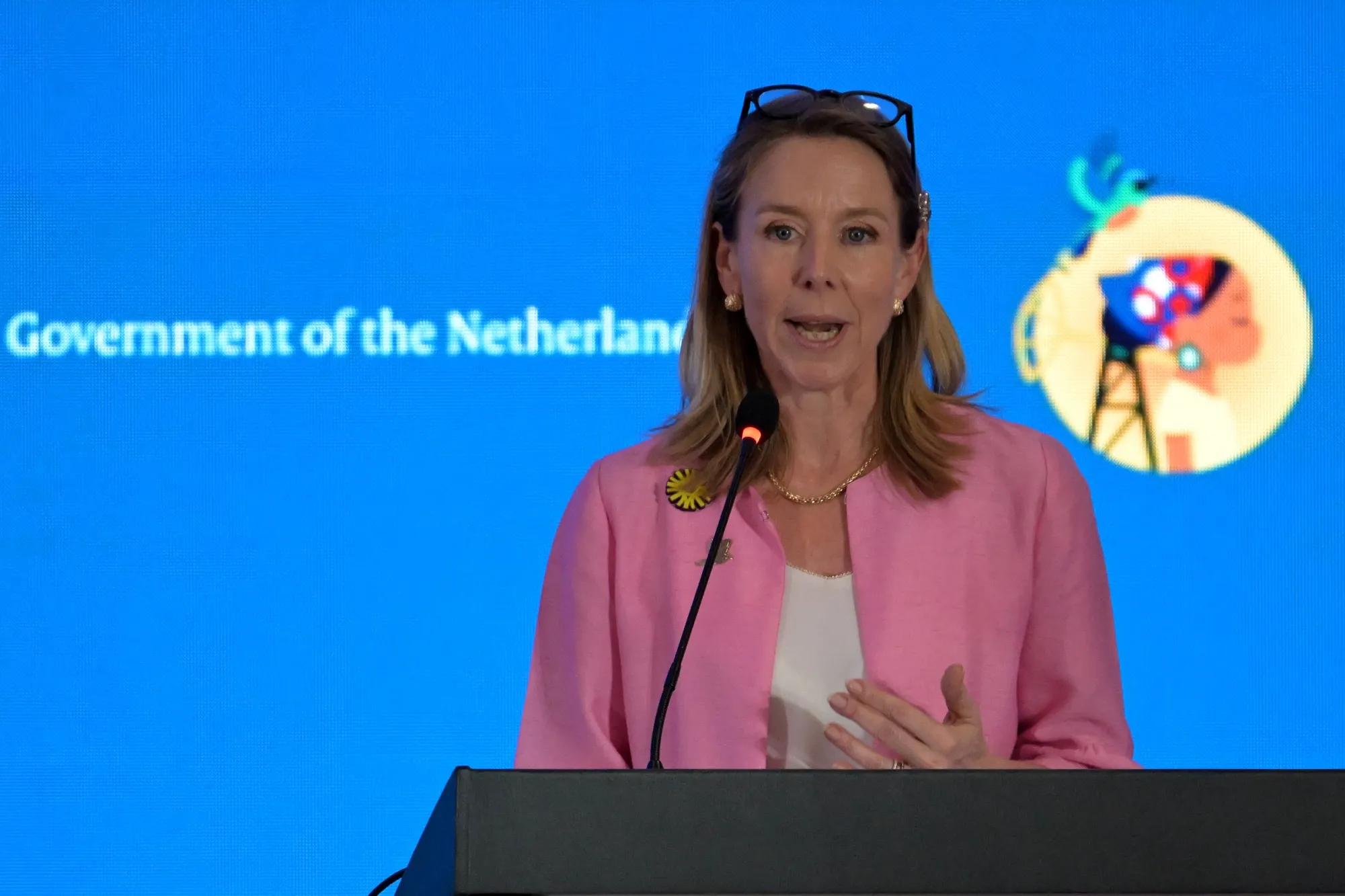 Stientje van Veldhoven speaks during the Conference on Transitioning Away from Fossil Fuels in Santa Marta, Colombia, on April 28.