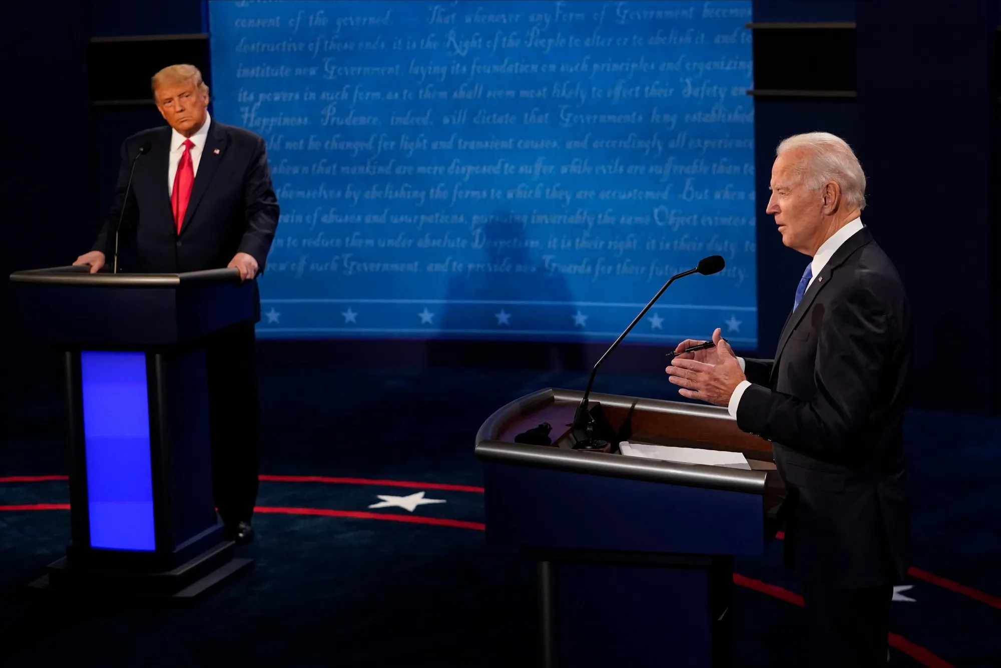 Joe Biden and Donald Trump during a 2020 presidential debate at Belmont University in Nashville, Tennessee.