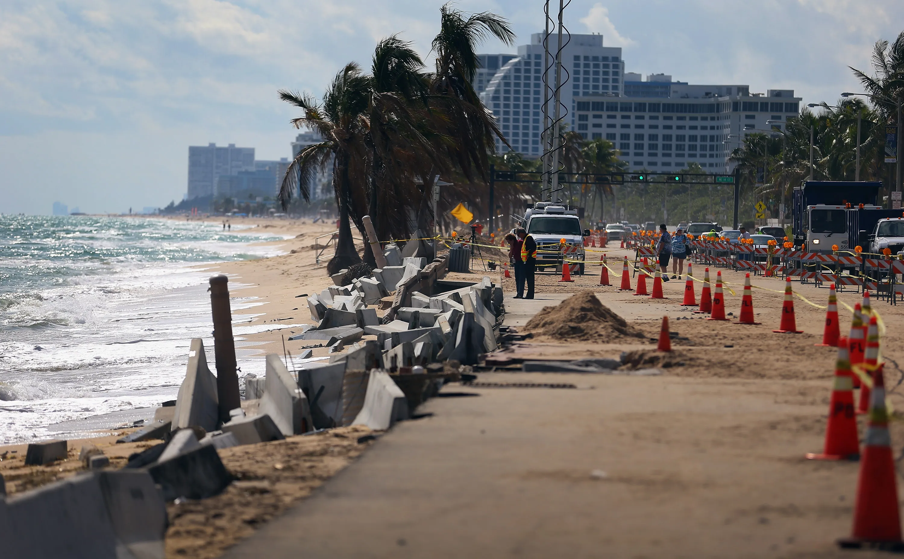 Cones mark off the damage caused by beach erosion on November 27, 2012 in Fort Lauderdale, Florida.
