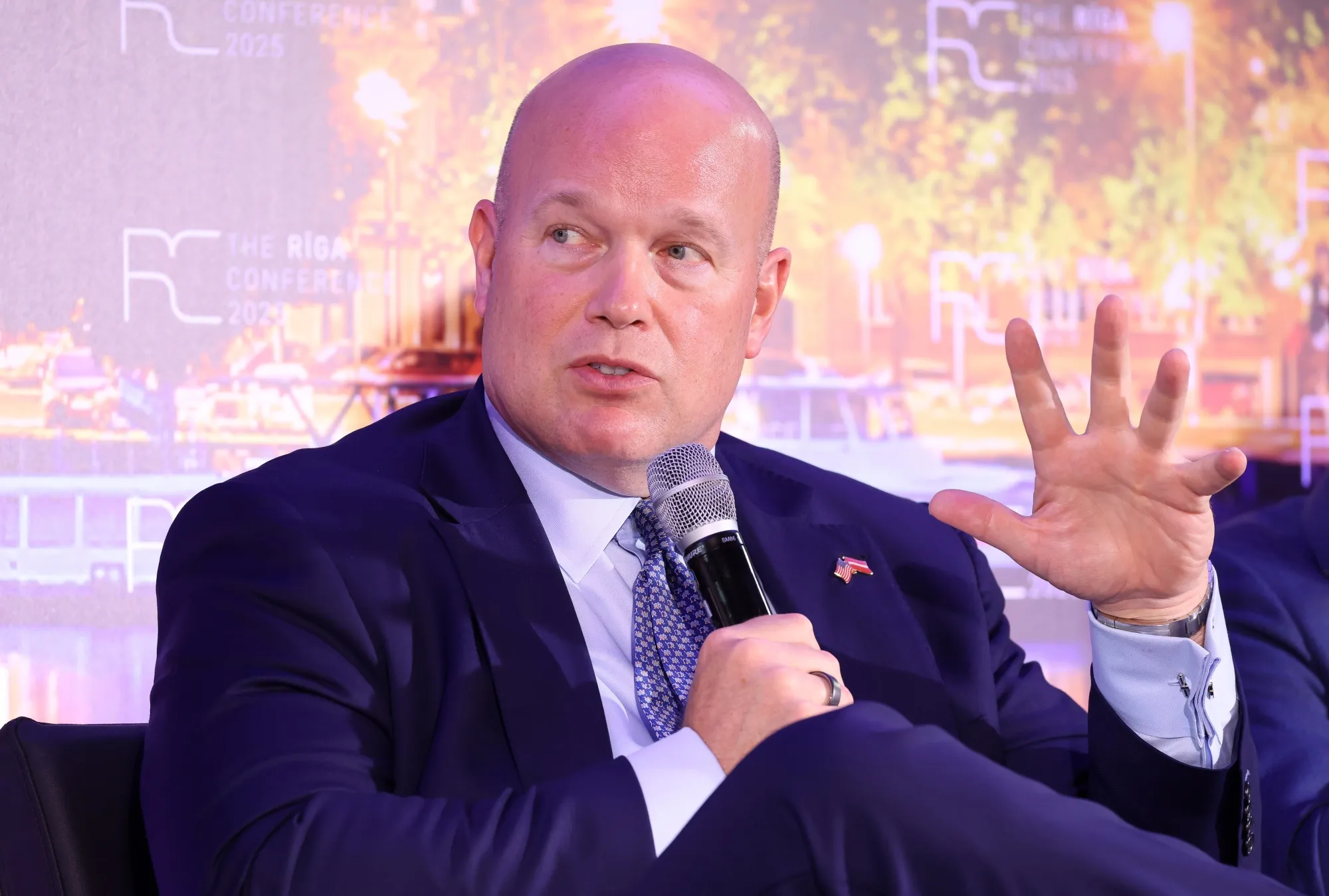 Matthew Whitaker, US ambassador to NATO, at The Riga Conference on “Unity, Security and Resilience in a Fragmented World” in Riga, Latvia, on Thursday, Oct. 9, 2025.