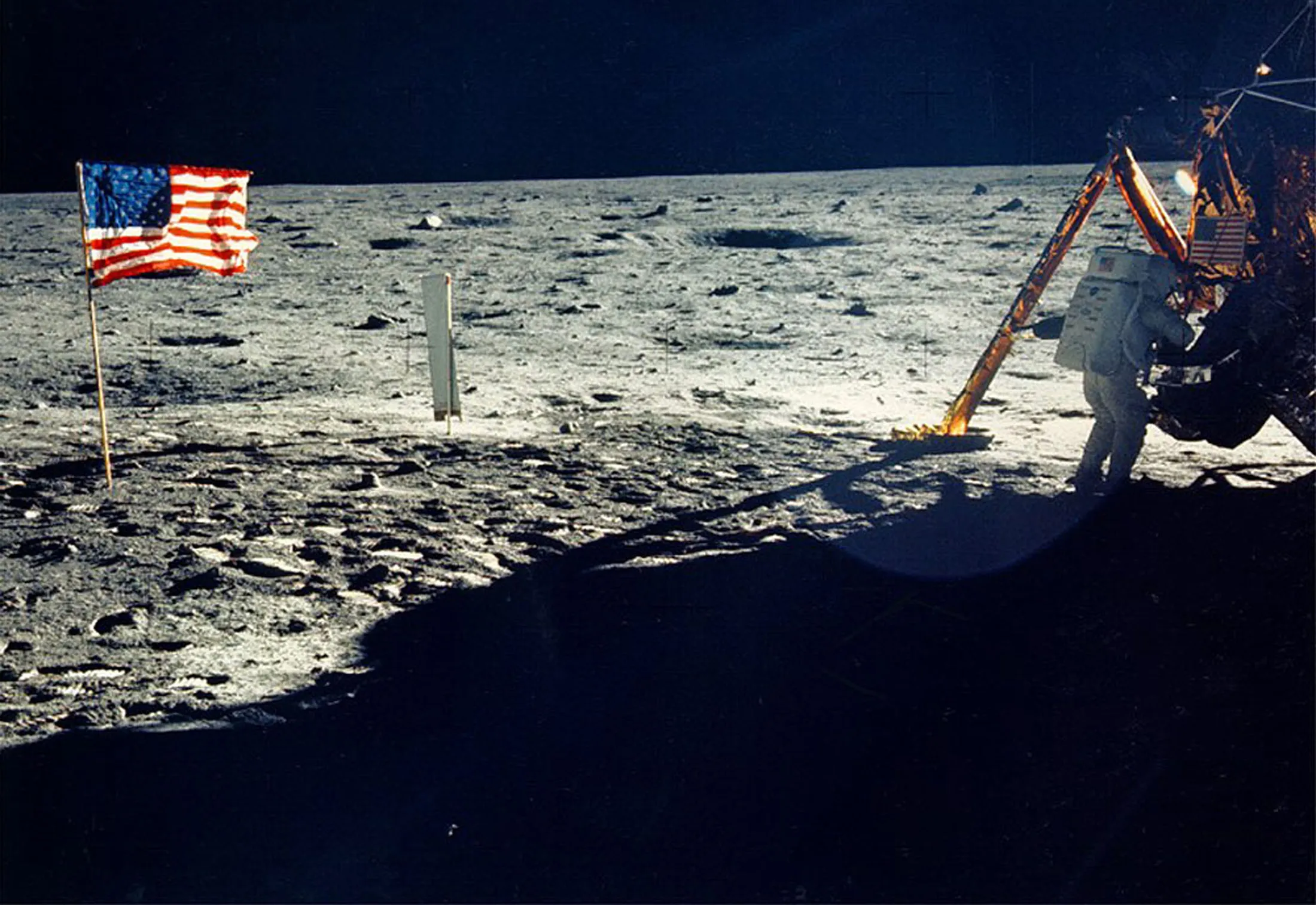 Neil Armstrong works&nbsp;on his space craft on the moon.
