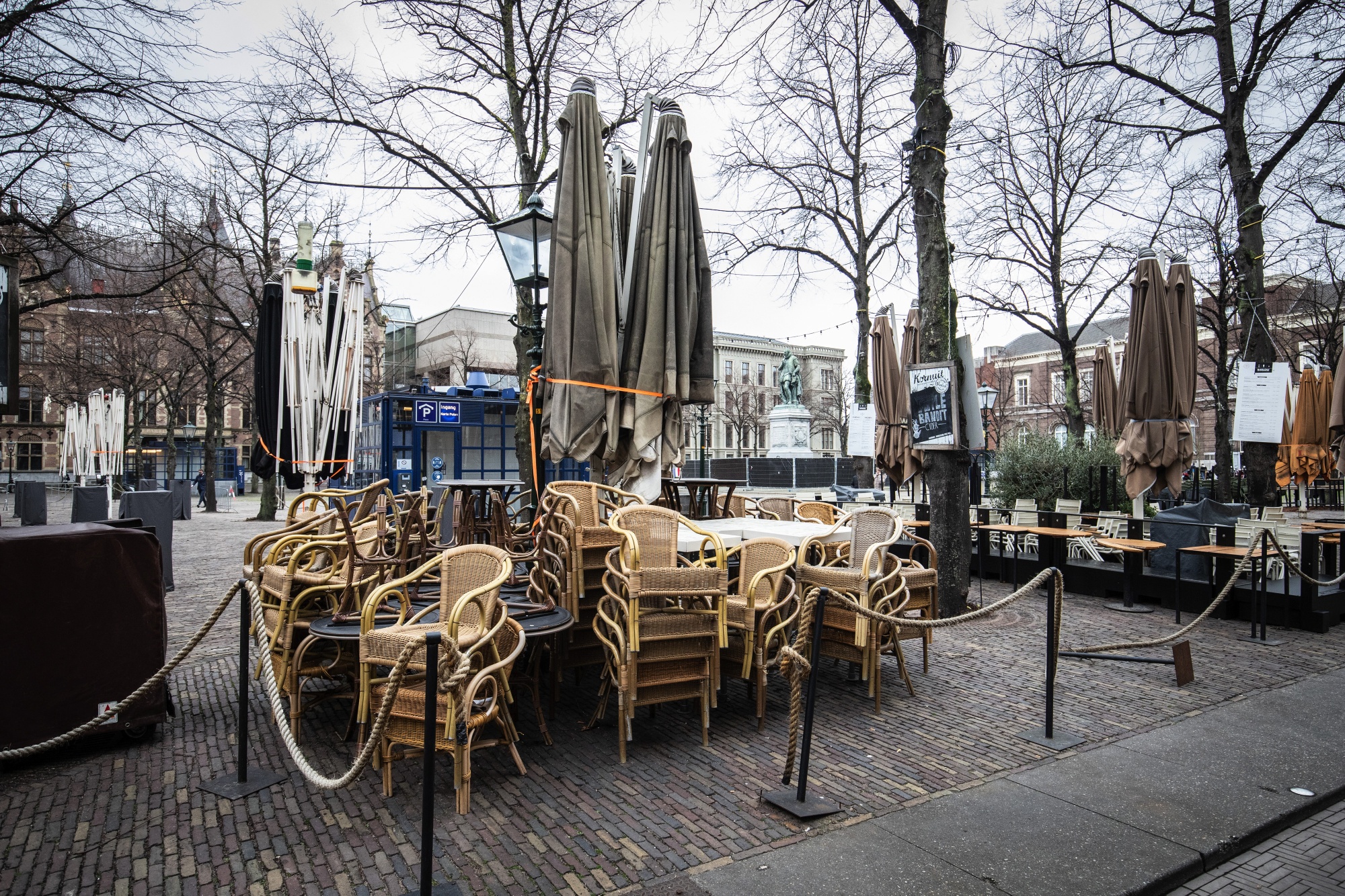 A closed restaurant terrace in The Hague.