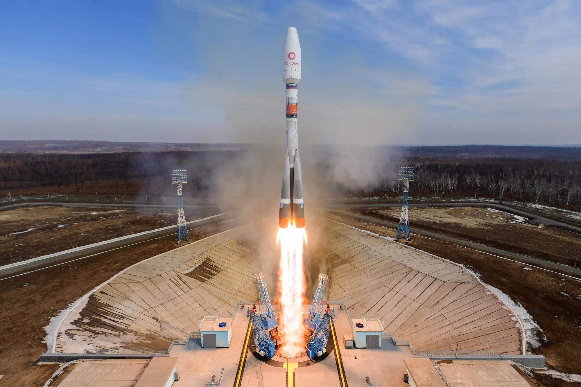 A rocket carrying 36 OneWeb satellites launches from Russia on March 25, 2021.