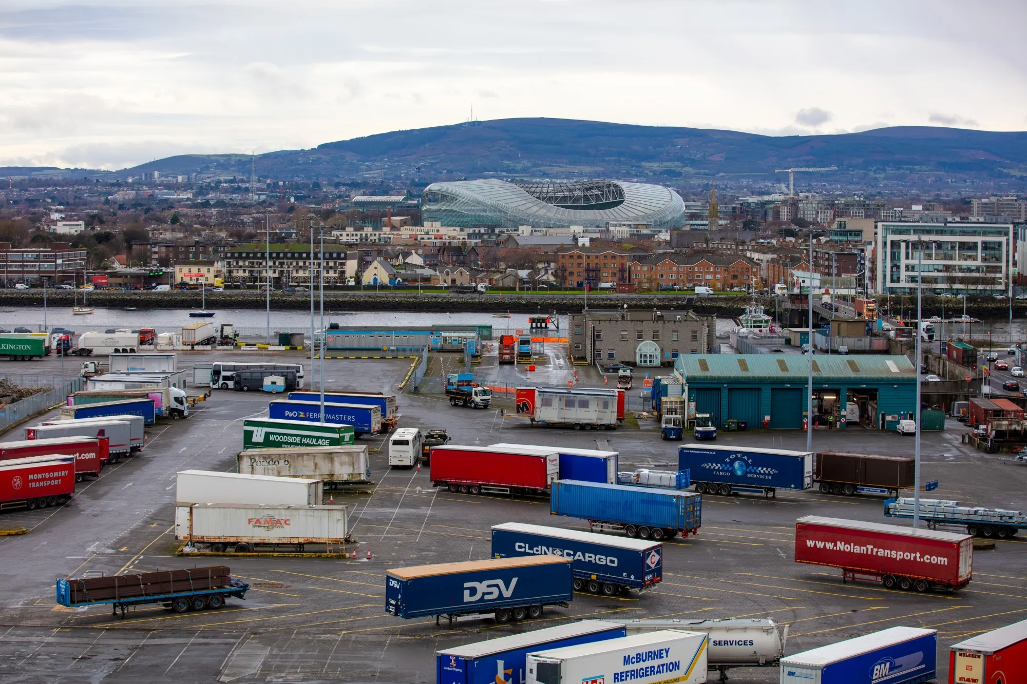 Trucks parked at the Port of Dublin in Dublin, Ireland.