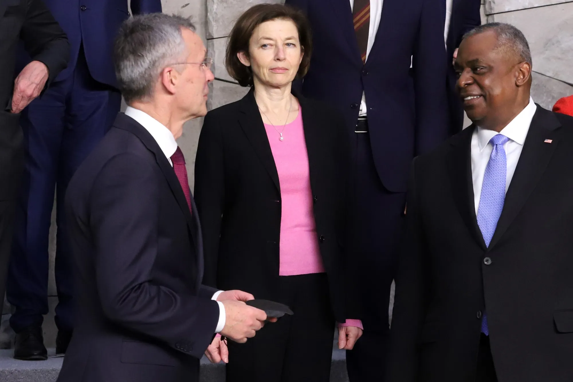 Jens Stoltenberg, secretary general of the North Atlantic Treaty Organization, left, Florence Parly, France’s defense minister, center, and Lloyd Austin, U.S. secretary of defense, gather during the NATO Defense Summit at the alliance’s&nbsp;headquarters in Brussels on Feb. 16. Stoltenberg said there’s no proof of Russia’s claims of de-escalation, and that it appears the Kremlin is continuing its military buildup on Ukraine’s borders.