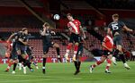 Danny Ings of Southampton wins a header during a match between Southampton FC and Brentford FC at St. Mary’s Stadium in Southampton, England on Sept. 16.