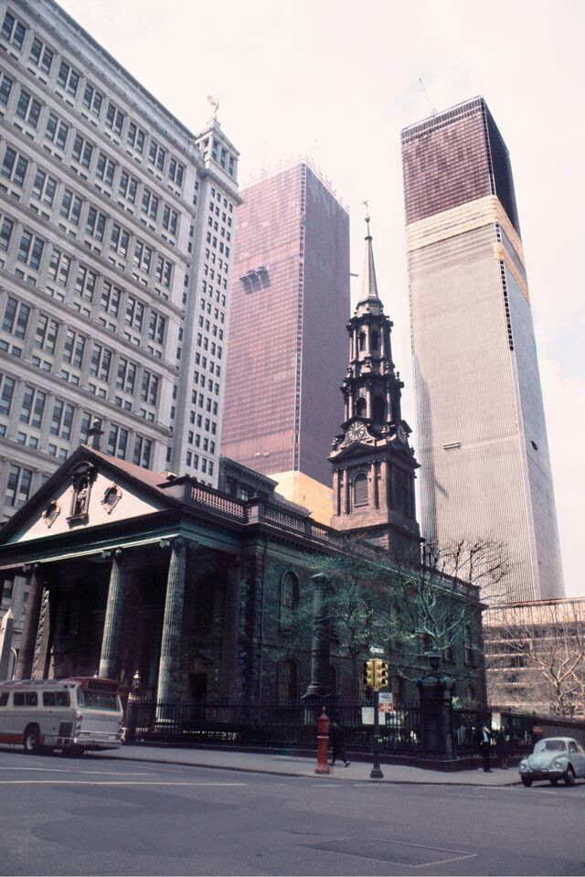 Looking past St. Paul’s Chapel with twin towers behind, 1970.