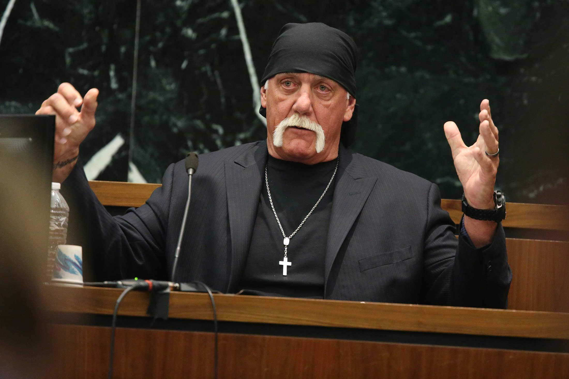 Terry Bollea, aka Hulk Hogan, testifies in court during his trial against Gawker Media at the Pinellas County Courthouse on March 8, 2016 in St Petersburg, Florida.
