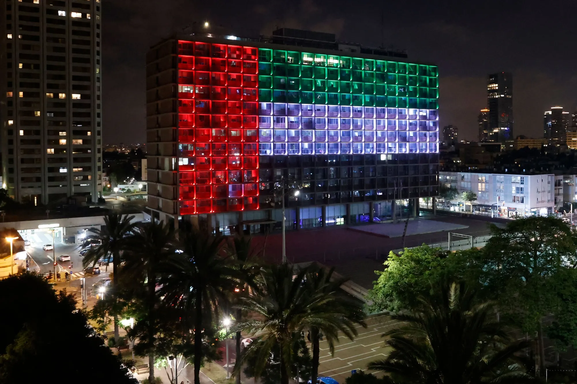 The city hall in Tel Aviv&nbsp;lit up in the colours of the United Arab Emirates national flag on Aug.&nbsp;13.