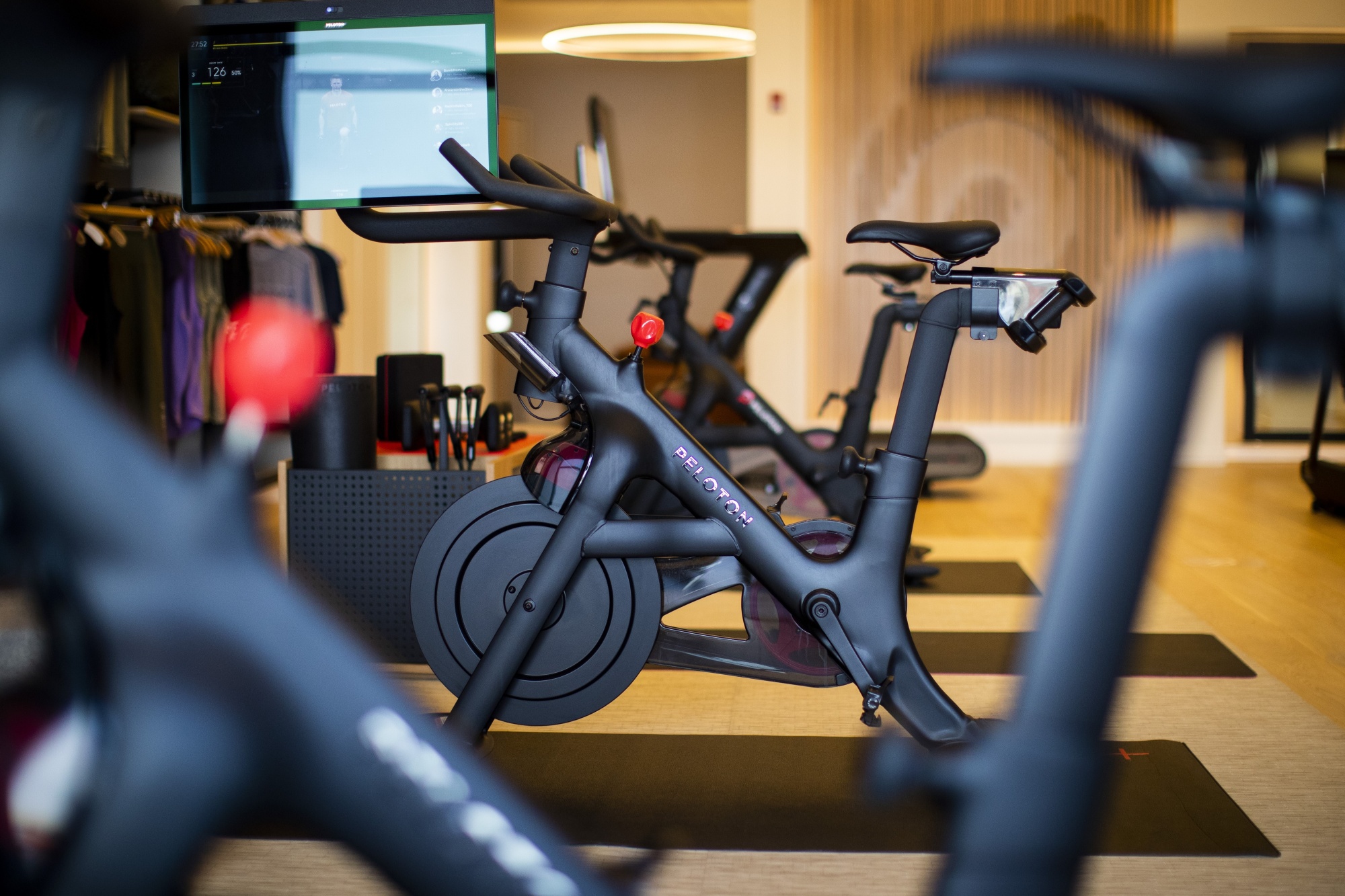 A Peloton stationary bike for sale at the company's showroom in Dedham, Mass.