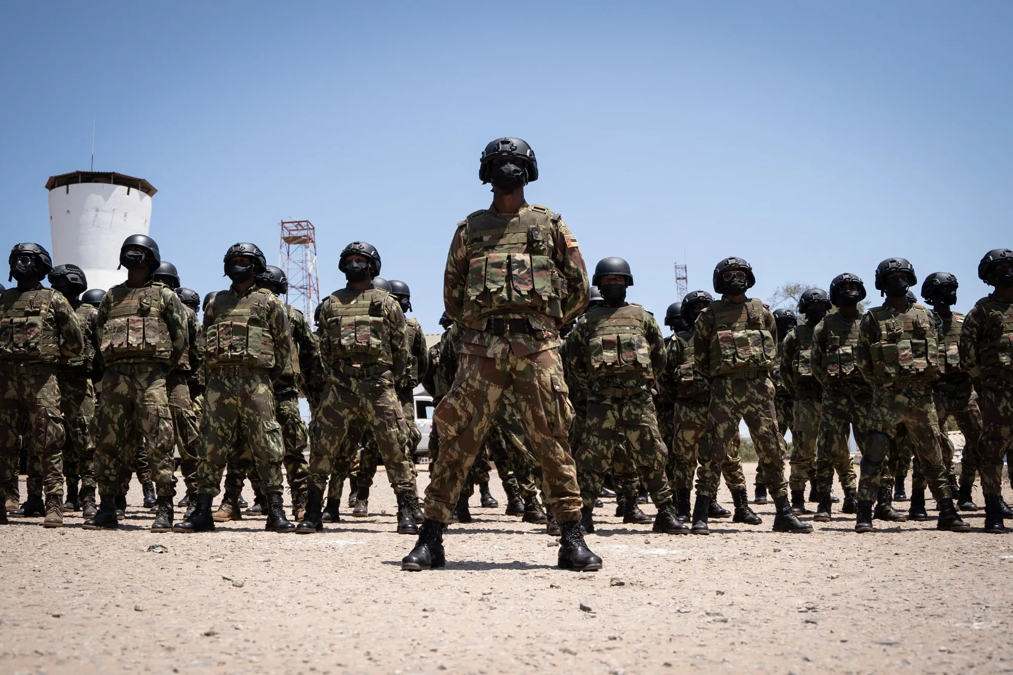 Soldiers stand at attention in Pemba, Mozambique.