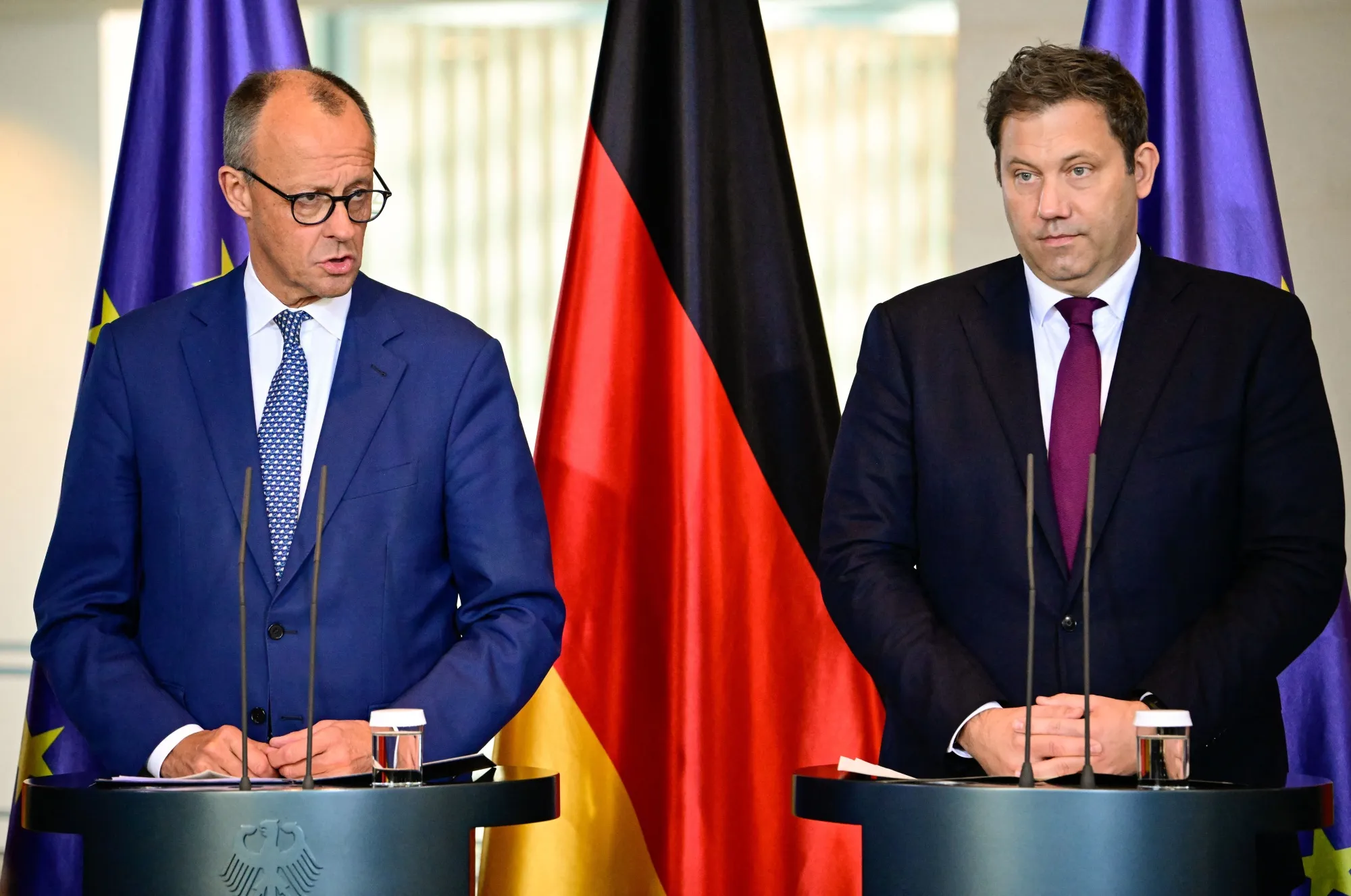 Friedrich Merz and Lars Klingbeil following a meeting about the struggling steel industry, in Berlin, on Nov. 6.
