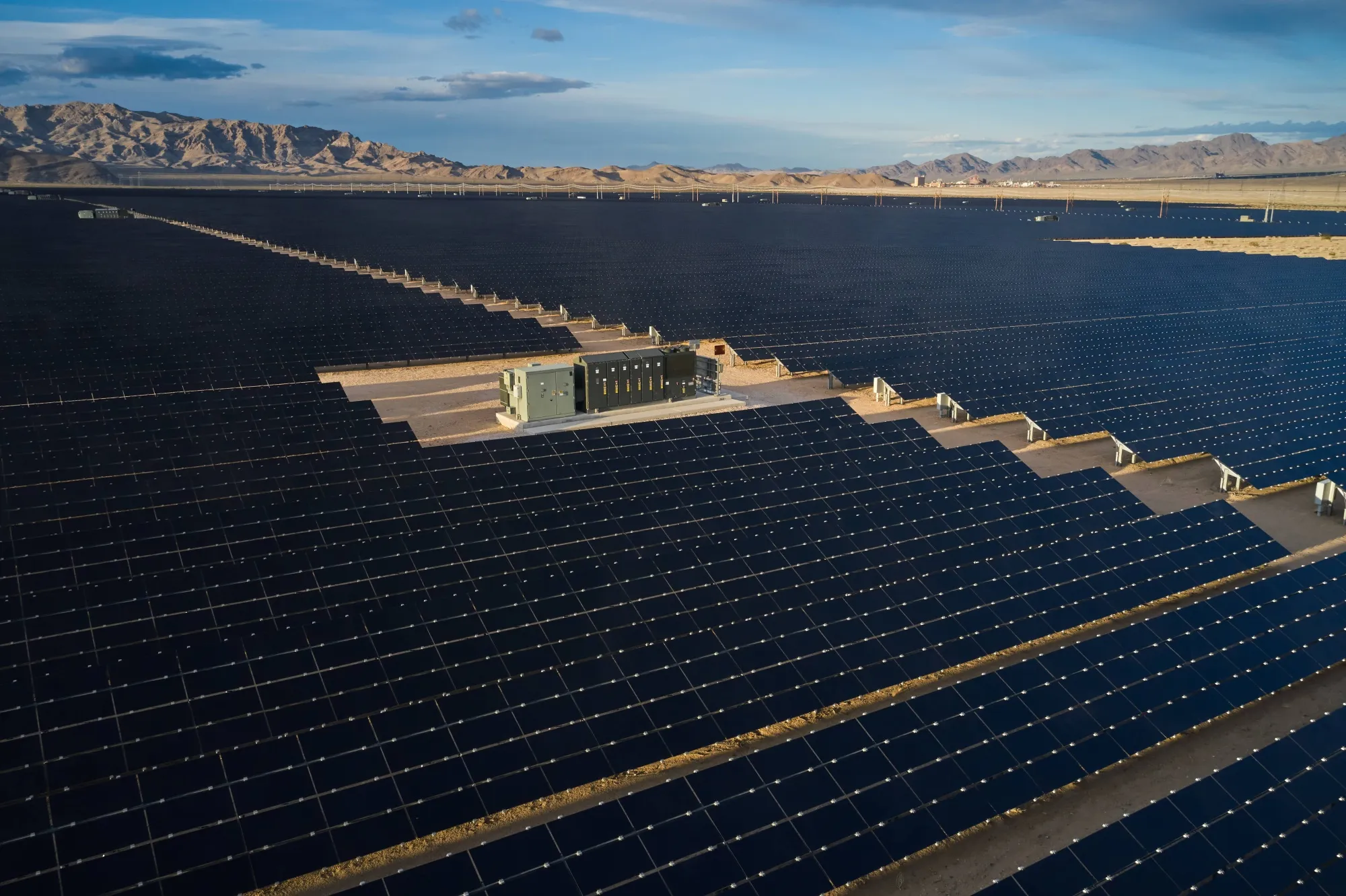 First Solar photovoltaic panels in the Mojave Desert in San Bernardino County, California.