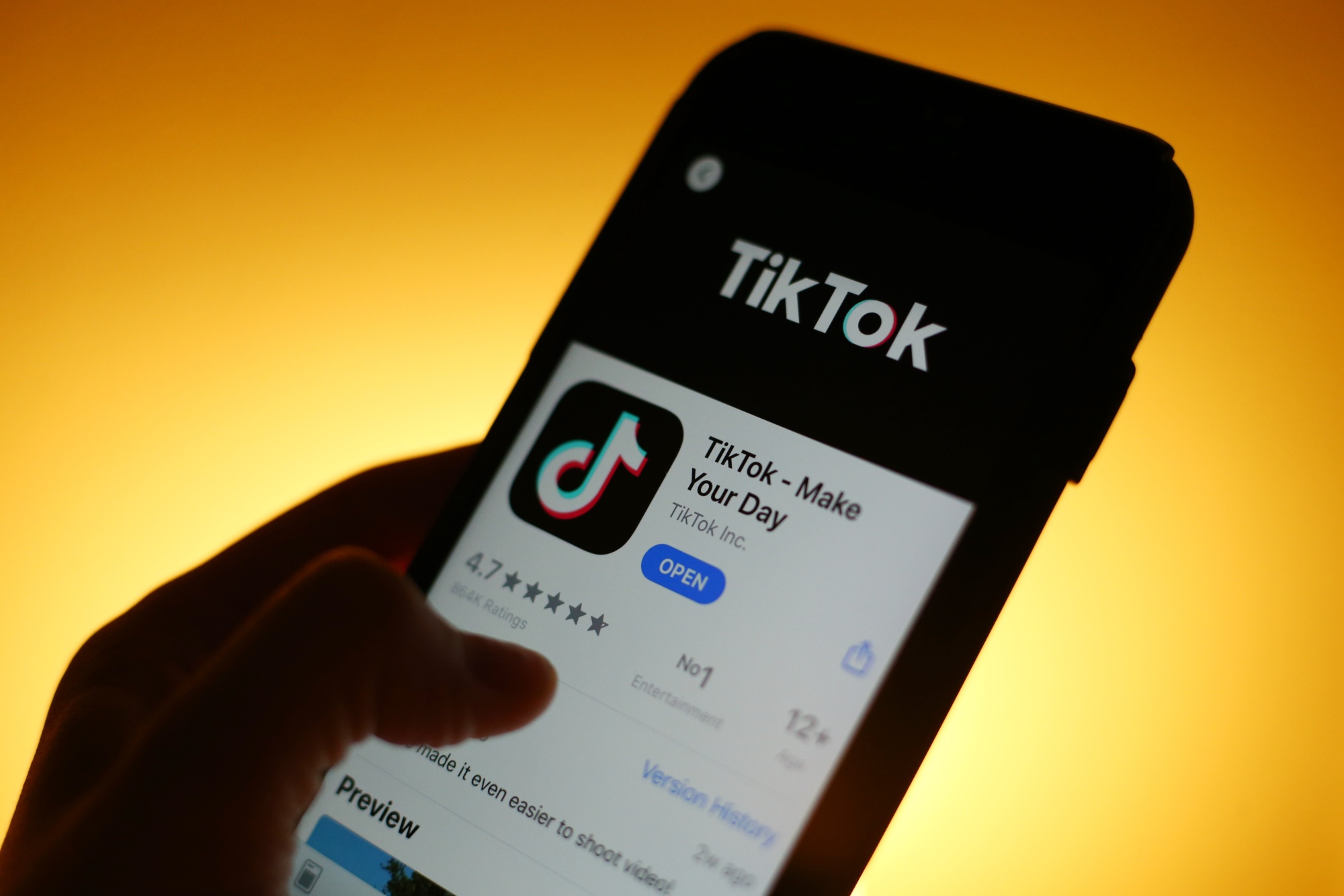 The TikTok app is displayed in the app store on a smartphone.