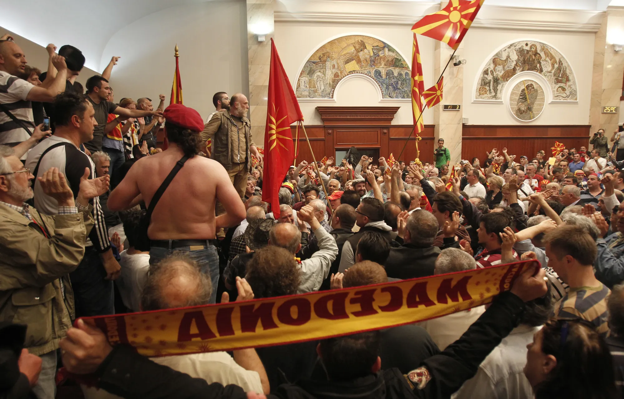 Protestors storm the parliament building in Skopje, Macedonia on April 27.
