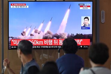 A news broadcast showing file footage of North Korean missile testing, at a train station in Seoul, on Sept. 12.