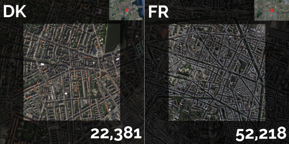 The densest square kilometers in Denmark (left) and France (right)