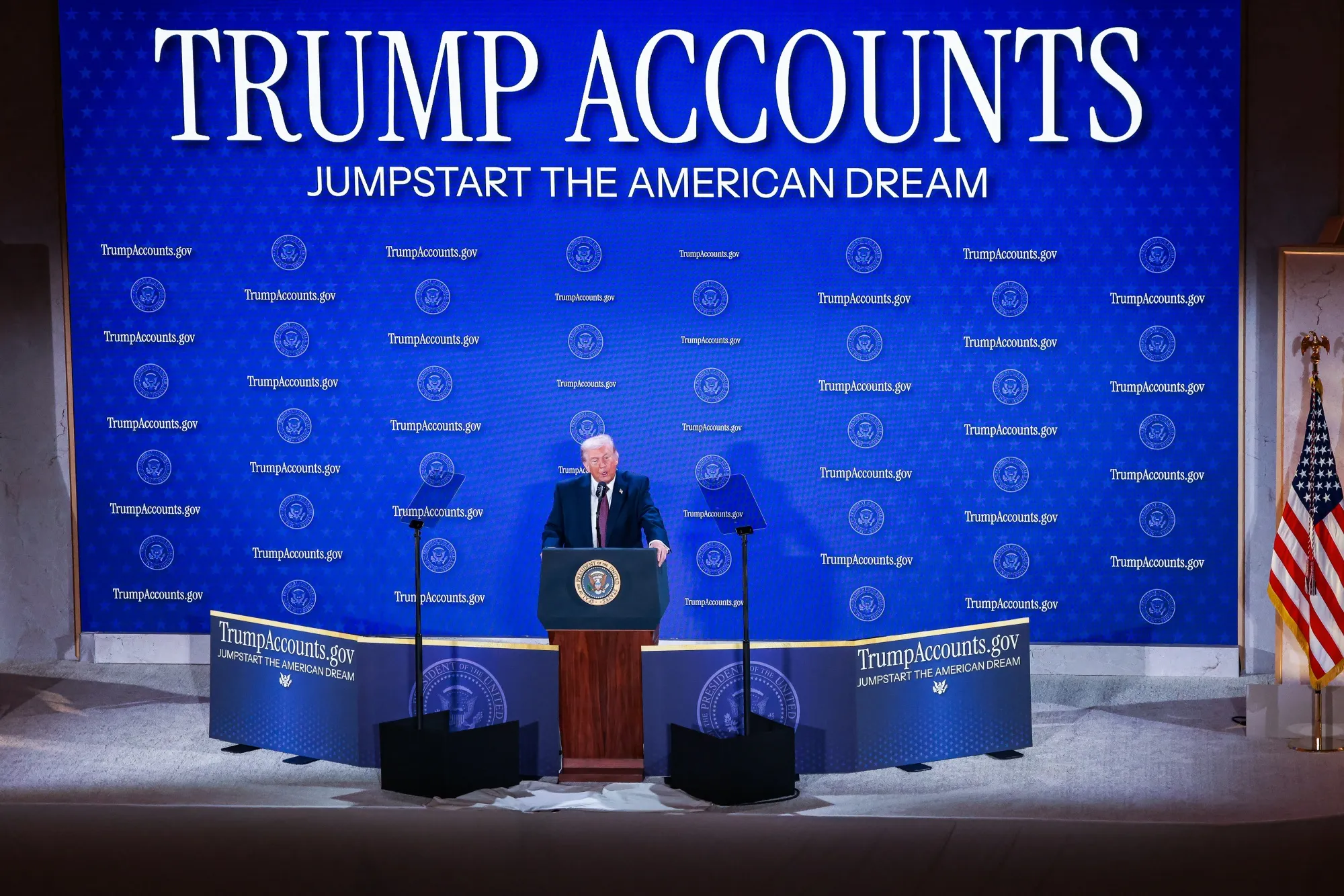 US President Donald Trump speaks during the Trump Accounts Launch Summit in Washington on Jan. 28.
